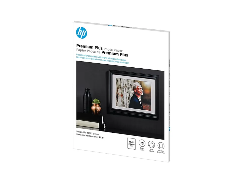 HP Premium Plus Photo Paper for Inkjet Printers, Soft Gloss, Letter Size (8 1/2" x 11"), 80 Lb., Pack Of 25 Sheets (CR671A)