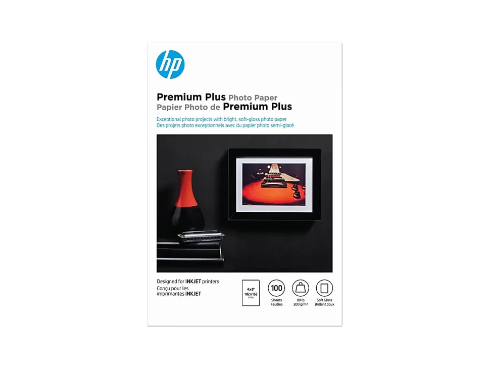 HP Premium Plus Photo Paper for Inkjet Printers, Soft Gloss, 4" x 6", 80 Lb., Pack Of 100 Sheets (CR666A)