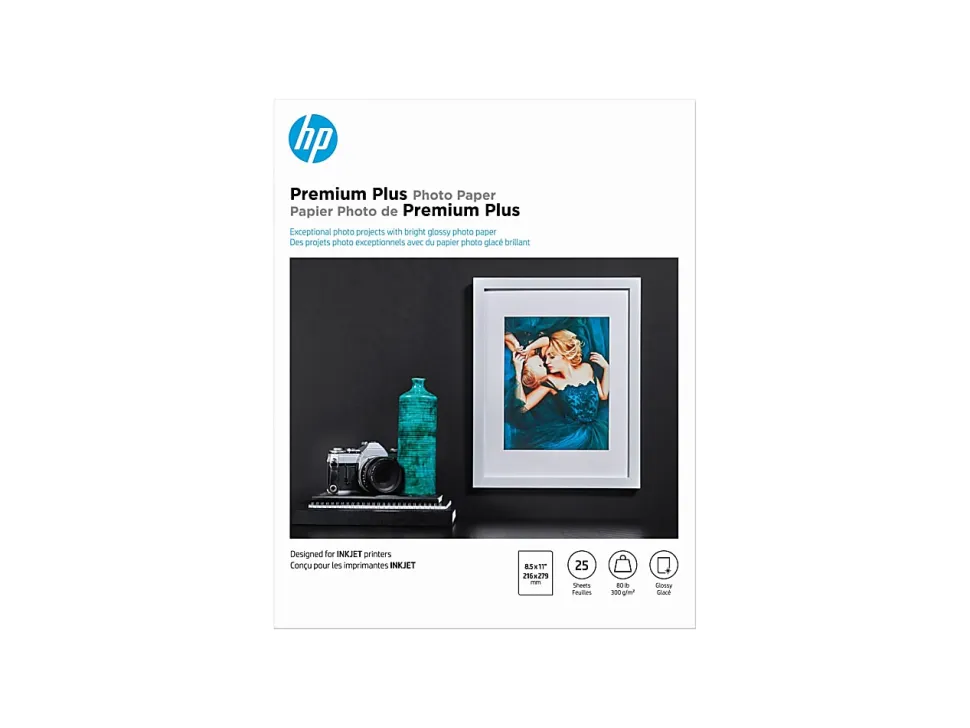 HP Premium Plus Photo Paper for Inkjet Printers, Glossy, Letter Size (8 1/2" x 11"), 80 Lb., Pack Of 25 Sheets (CR670A)