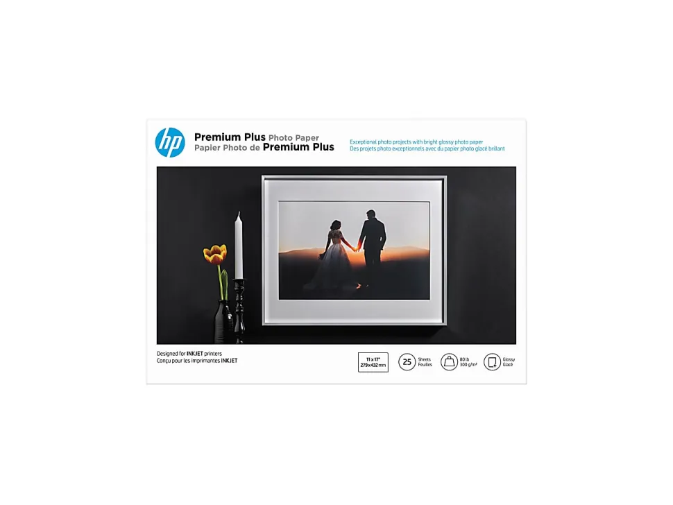 HP Premium Plus Photo Paper for Inkjet Printers, Glossy, Ledger Size (11" x 17)", 80 Lb., Pack Of 25 Sheets (CV065A)