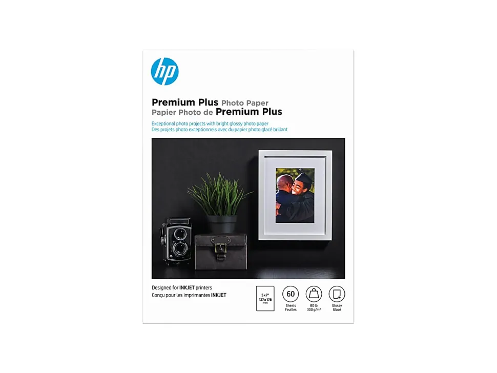 HP Premium Plus Photo Paper for Inkjet Printers, Glossy, 5" x 7", 80 Lb., Pack Of 60 Sheets (CR669A)
