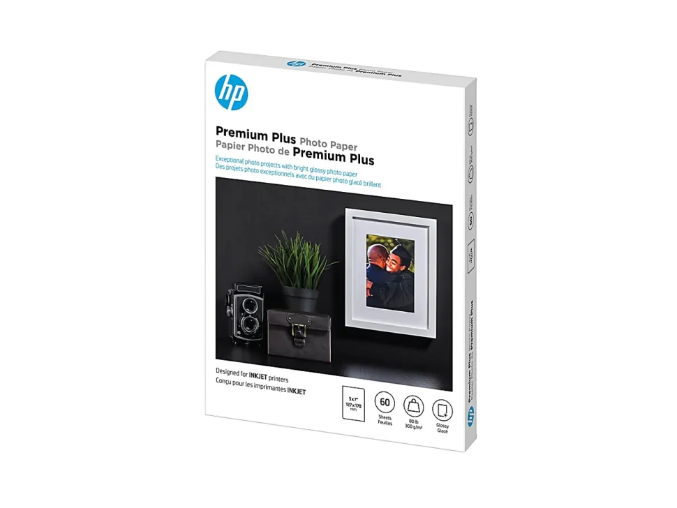 HP Premium Plus Photo Paper for Inkjet Printers, Glossy, 5" x 7", 80 Lb., Pack Of 60 Sheets (CR669A)