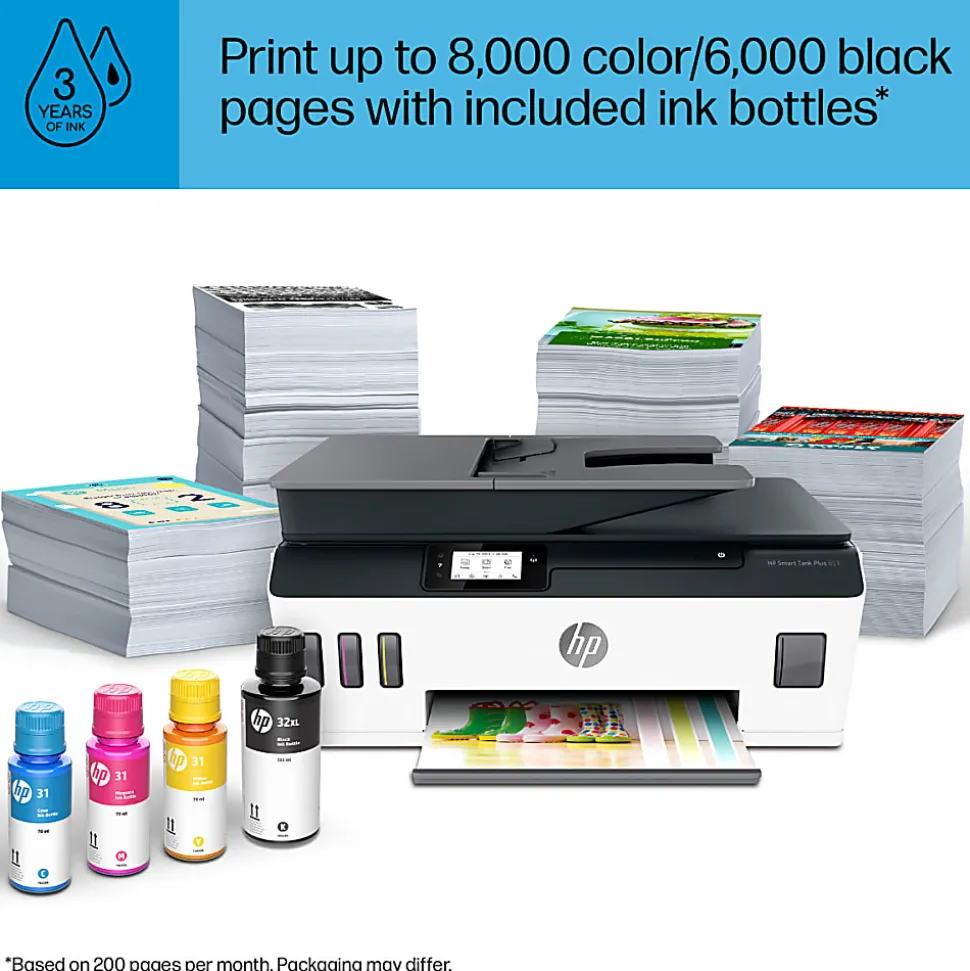 HP Smart Tank Plus 651 Wireless Cartridge-free All-in-One Ink Tank Printer with up to 3 years of ink included (7XV38A)