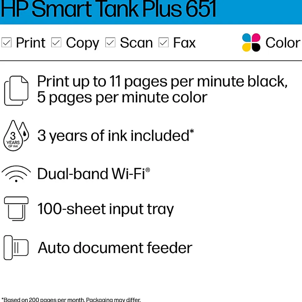 HP Smart Tank Plus 651 Wireless Cartridge-free All-in-One Ink Tank Printer with up to 3 years of ink included (7XV38A)