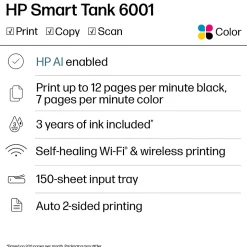 HP Smart Tank 6001 Wireless All-in-One Cartridge-free Ink Tank Printer with up to 3 years of ink included, AI-capable (2H0B9A)