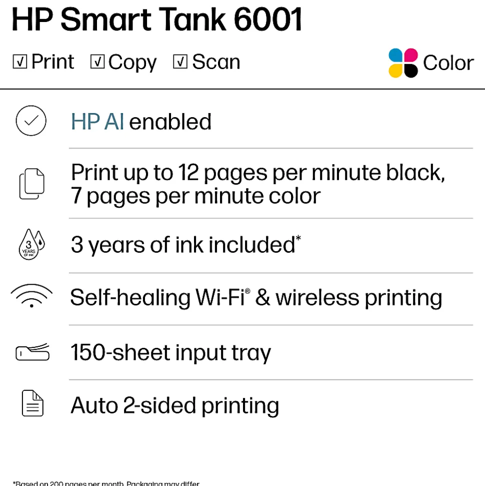 HP Smart Tank 6001 Wireless All-in-One Cartridge-free Ink Tank Printer with up to 3 years of ink included, AI-capable (2H0B9A)