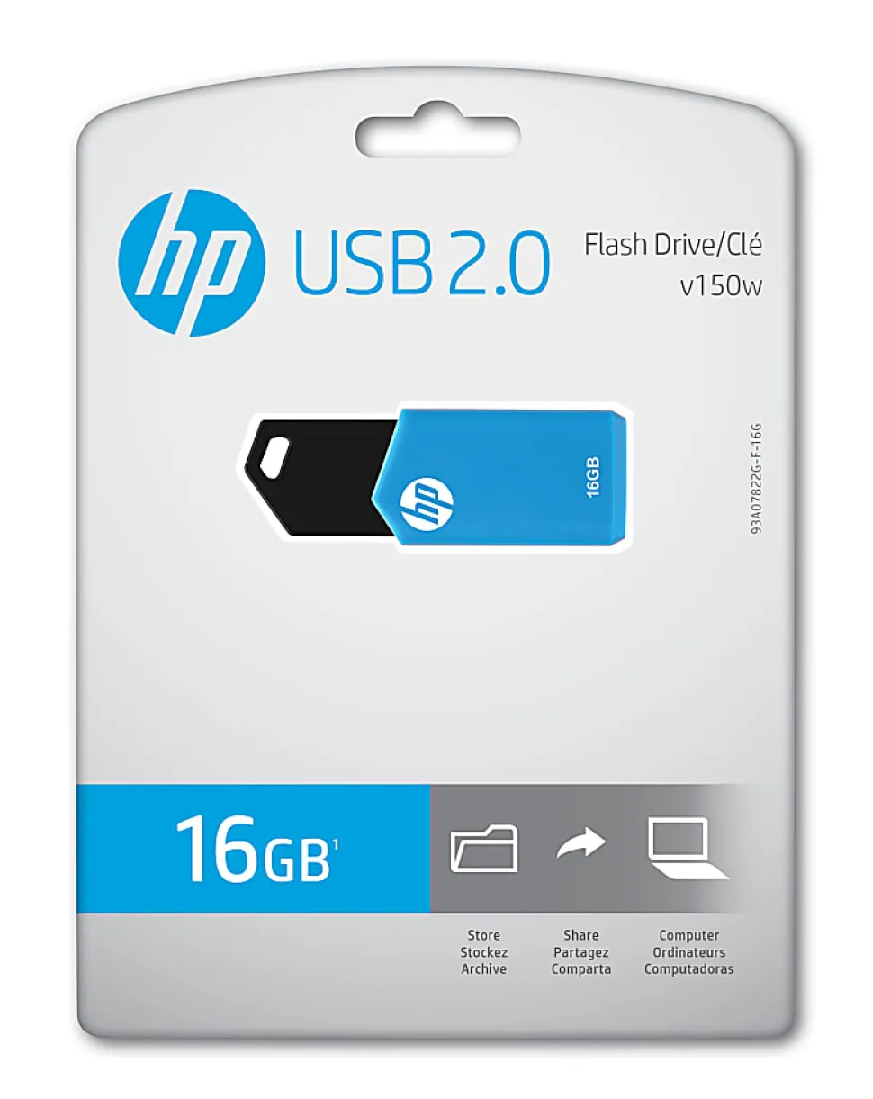 HP v150w USB 2.0 Flash Drive, 16GB, Blue