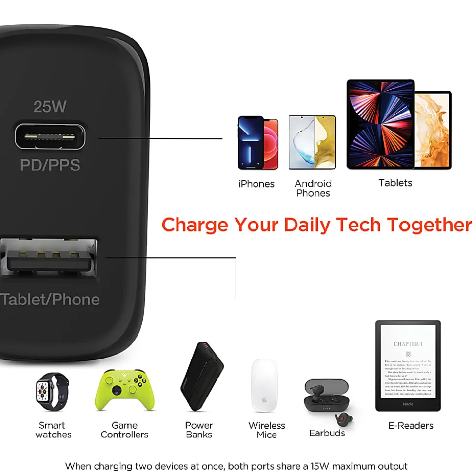 HyperGear SpeedBoost PD Dual-Output USB Wall Charger For iPhone And Android, Black, HPL15625