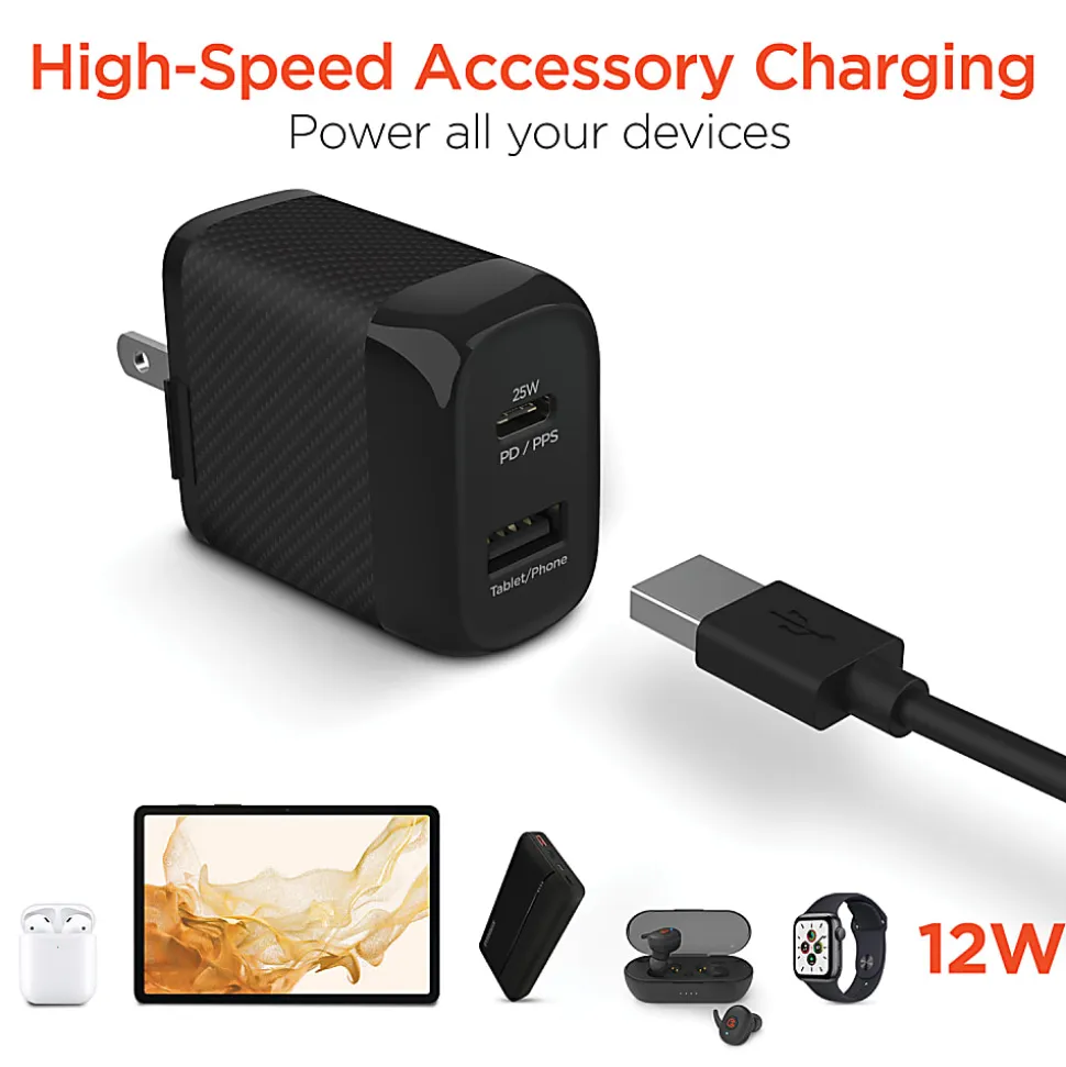 HyperGear SpeedBoost 25W PD Dual-Output USB-C Wall Charger Kit For Android, Black, HPL15626
