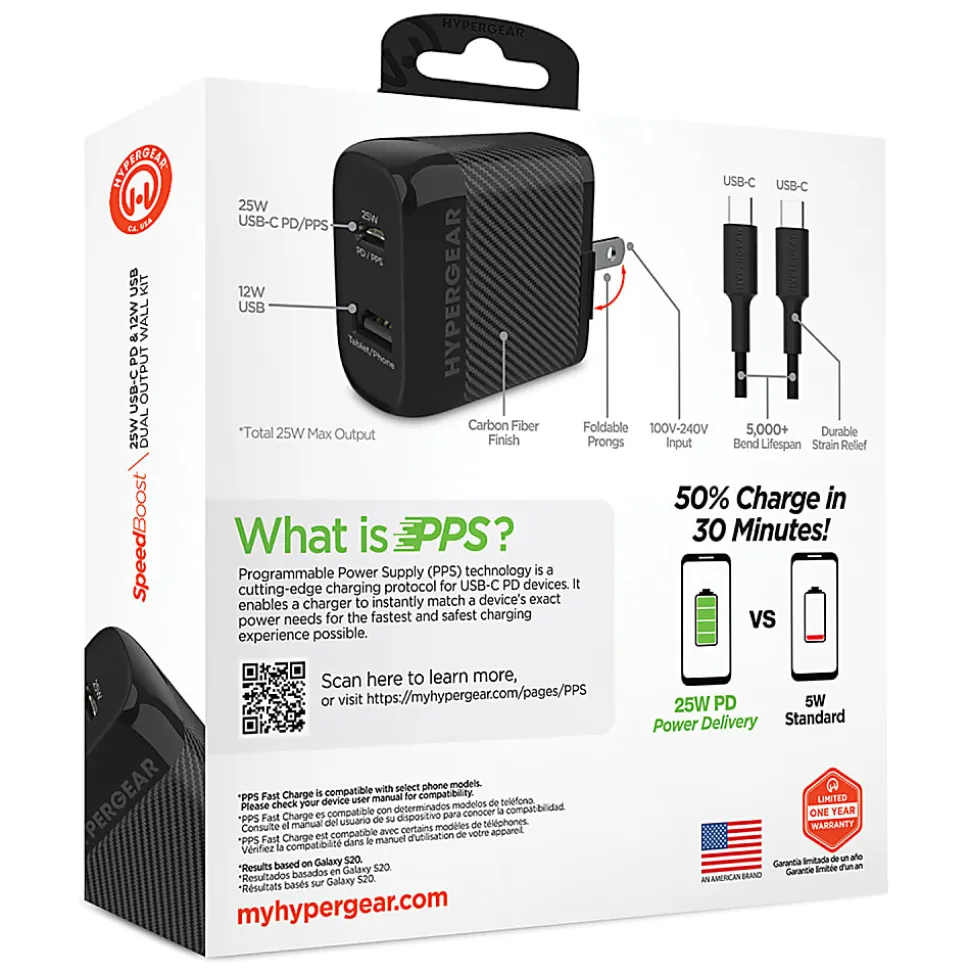 HyperGear SpeedBoost 25W PD Dual-Output USB-C Wall Charger Kit For Android, Black, HPL15626