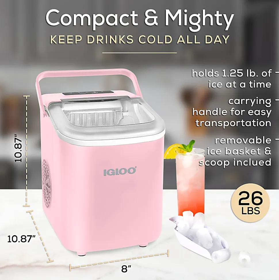 Igloo 26 Lb Automatic Self-Cleaning Portable Countertop Ice Maker Machine With Handle, Pink, Total Qty 1