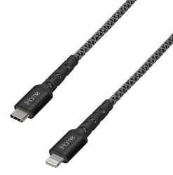 iHome 6' Durastrain Lightning to USB-C Nylon Charge And Sync Cable With Cable Wrap, Black, 2IHLC1023B6L2