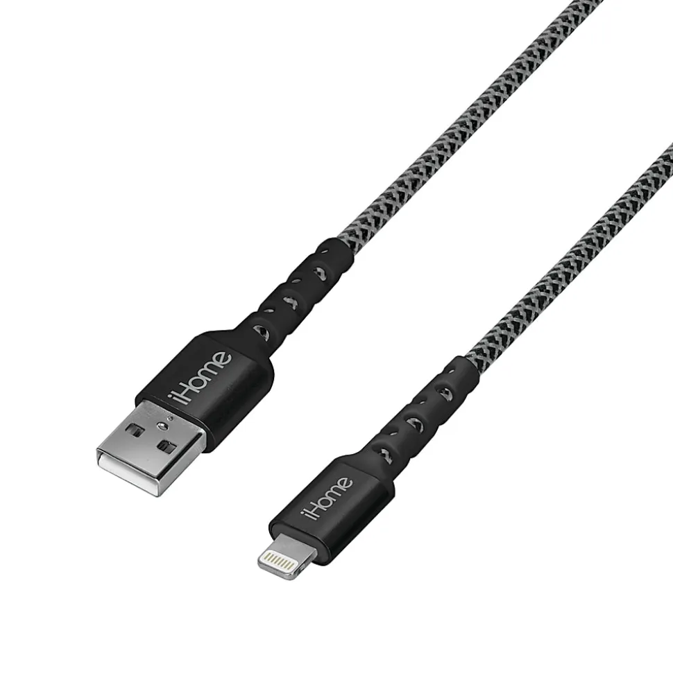 iHome Lifeworks Nylon Braided Lightning To USB A Cable, 6', Black