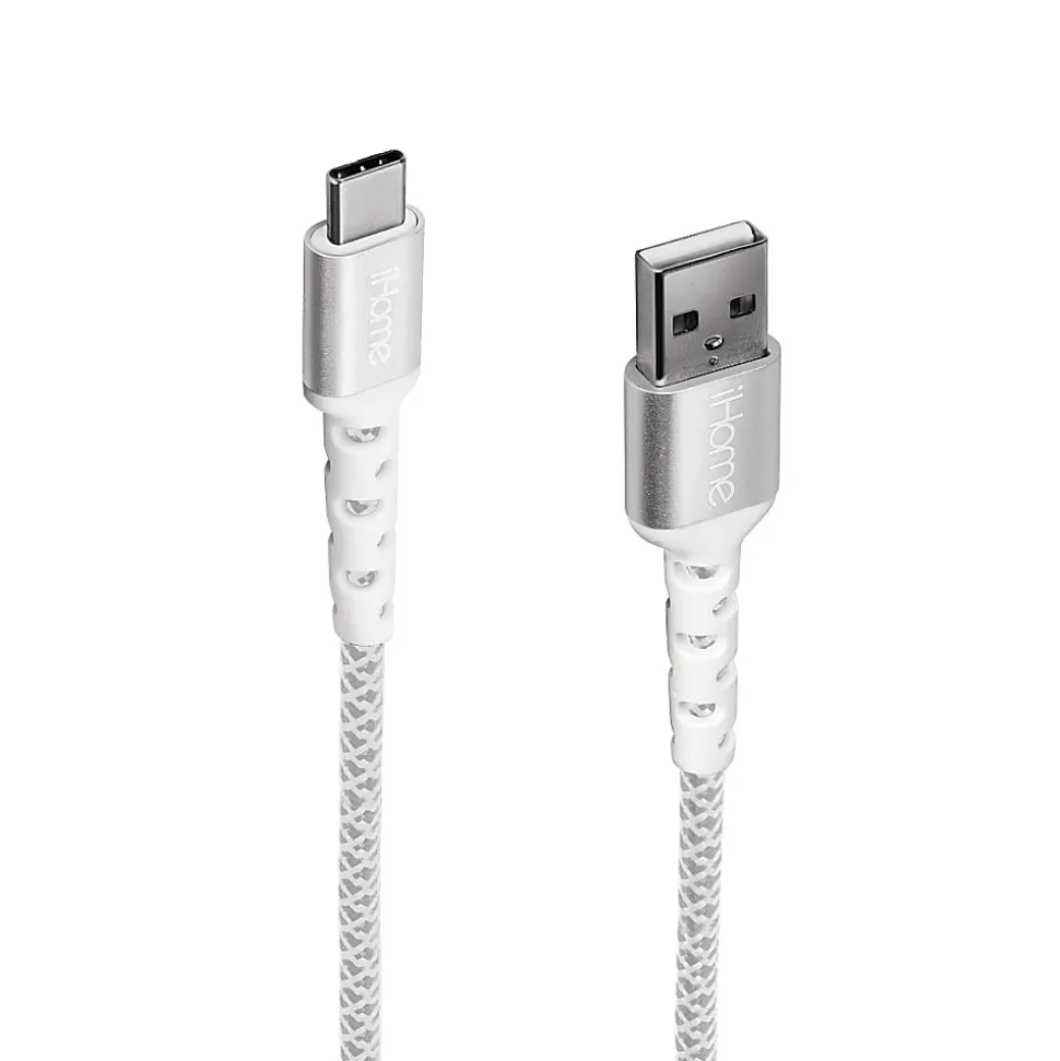 iHome Nylon-Braided USB-A To USB-C Cable With Durstrain, White
