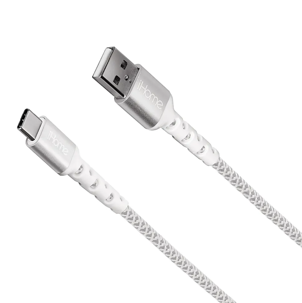 iHome Nylon-Braided USB-A To USB-C Cable With Durstrain, White