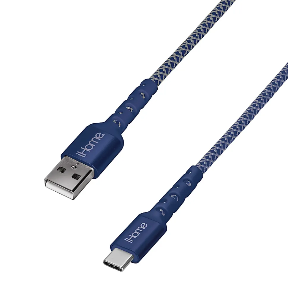 iHome Nylon-Braided USB-A To USB-C Cable With Durstrain, 6', Blue