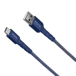 iHome Nylon-Braided USB-A To USB-C Cable With Durstrain, 6', Blue
