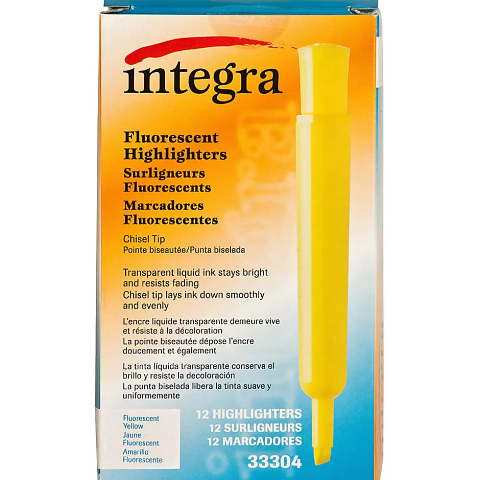 Integra Chisel Desk Liquid Highlighters - Chisel Marker Point Style - Yellow Water Based Ink - Yellow Barrel - 1 Dozen