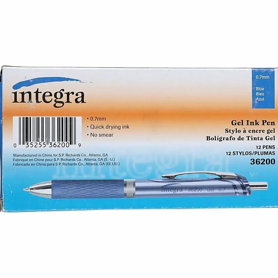 Integra Retractable Gel Ink Pens, Medium Point, 0.7 mm, Blue Barrel, Blue Ink, Pack Of 12 Pens