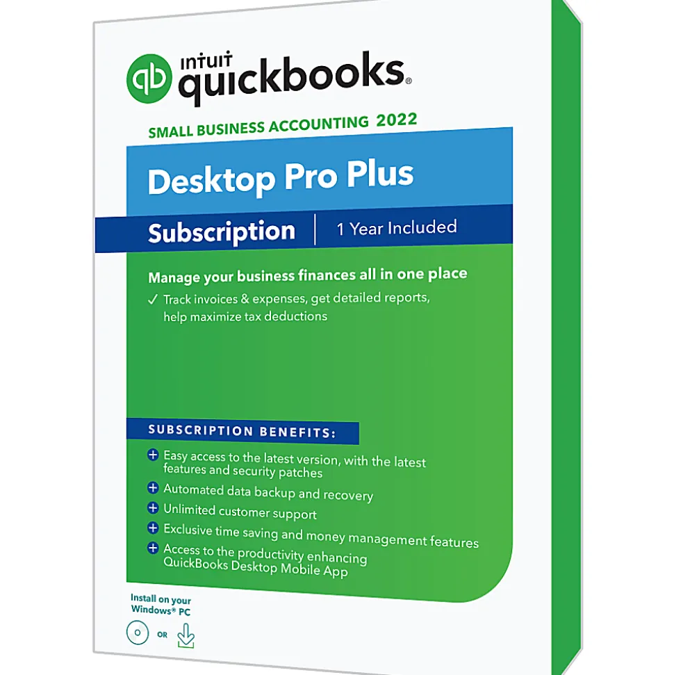 Intuit® QuickBooks® Desktop Pro Plus, 2022, 1-Year Subscription, For Windows®, Disc/Download