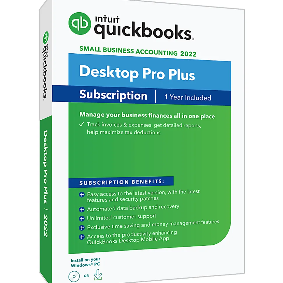 Intuit® QuickBooks® Desktop Pro Plus, 2022, 1-Year Subscription, For Windows®, Disc/Download