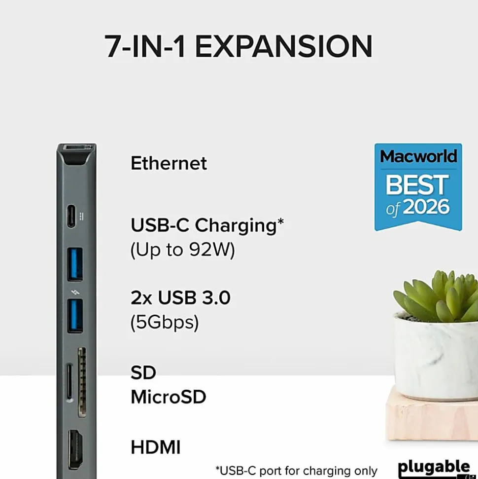7 in 1 USB C Hub Multiport Adapter with Ethernet (92W Charging, Gigabit Ethernet, 4K HDMI, 2x USB, SD/microSD)