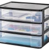 Iris Advantus Plastic 3 Drawer Storage Case, 10 3/8" x 13 7/16" x 9 11/16", Clear/Black