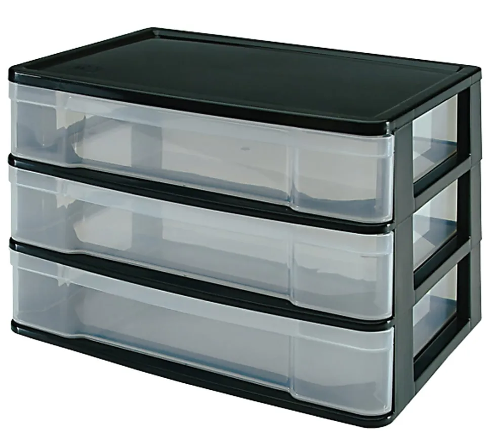 Iris Advantus Plastic 3 Drawer Storage Case, 10 3/8" x 13 7/16" x 9 11/16", Clear/Black