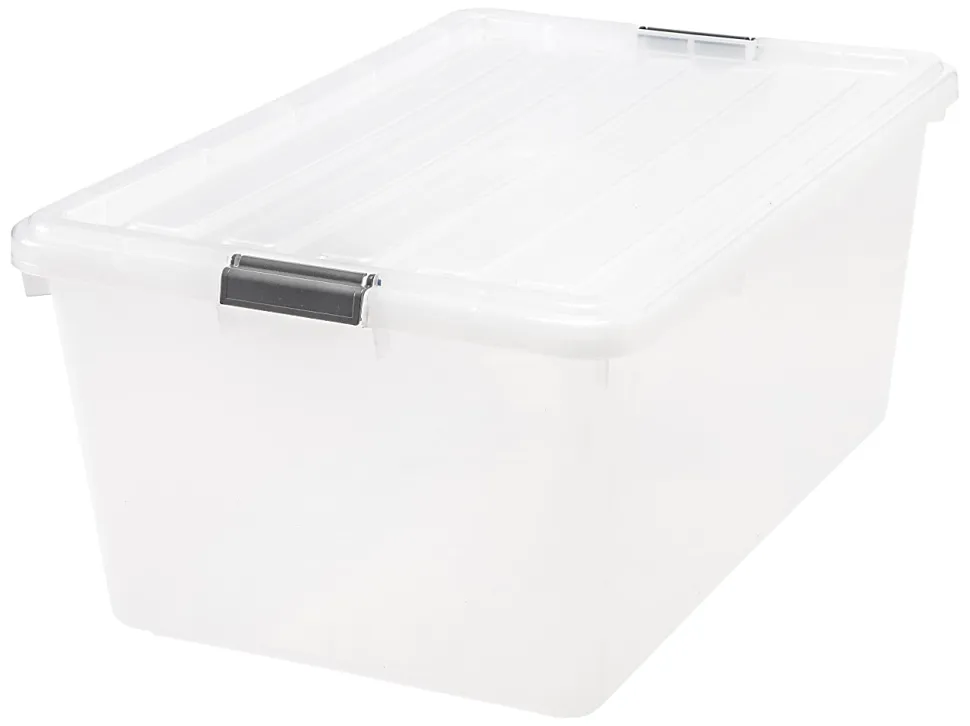 IRIS® Buckle Down Plastic Storage Container With Built-In Handles And Snap Lid, 68 Quarts, 11 3/4" x 17 1/4" x 26 1/8", Clear