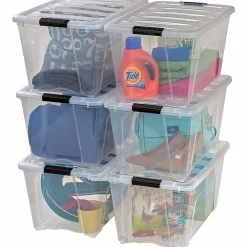Iris® Stackable Clear Storage Boxes, 22" x 16 1/2" x 13", Clear, Black, Case Of 6