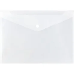JAM PaperĀ® Booklet Plastic Envelopes, Letter Size, 9 3/4" x 13", Button-Snap Closure,Clear, Pack Of 12