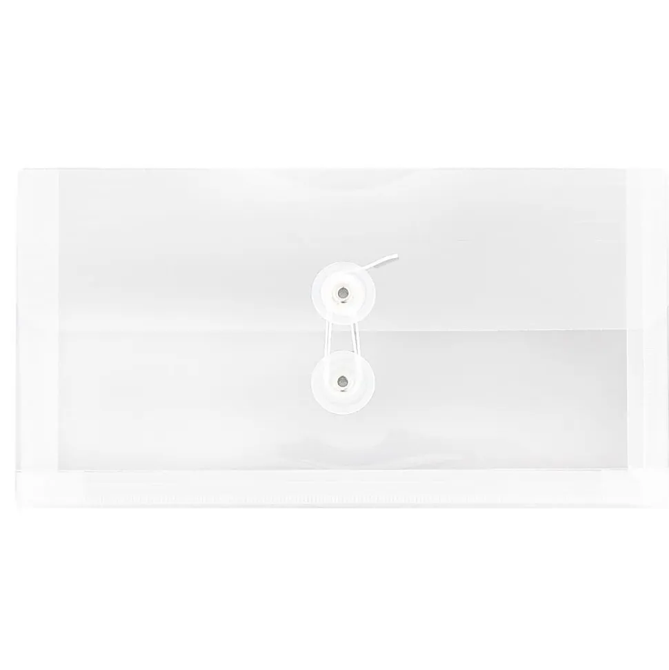 JAM Paper® Booklet Plastic Envelopes, #10, Button & String Closure, Clear, Pack Of 12