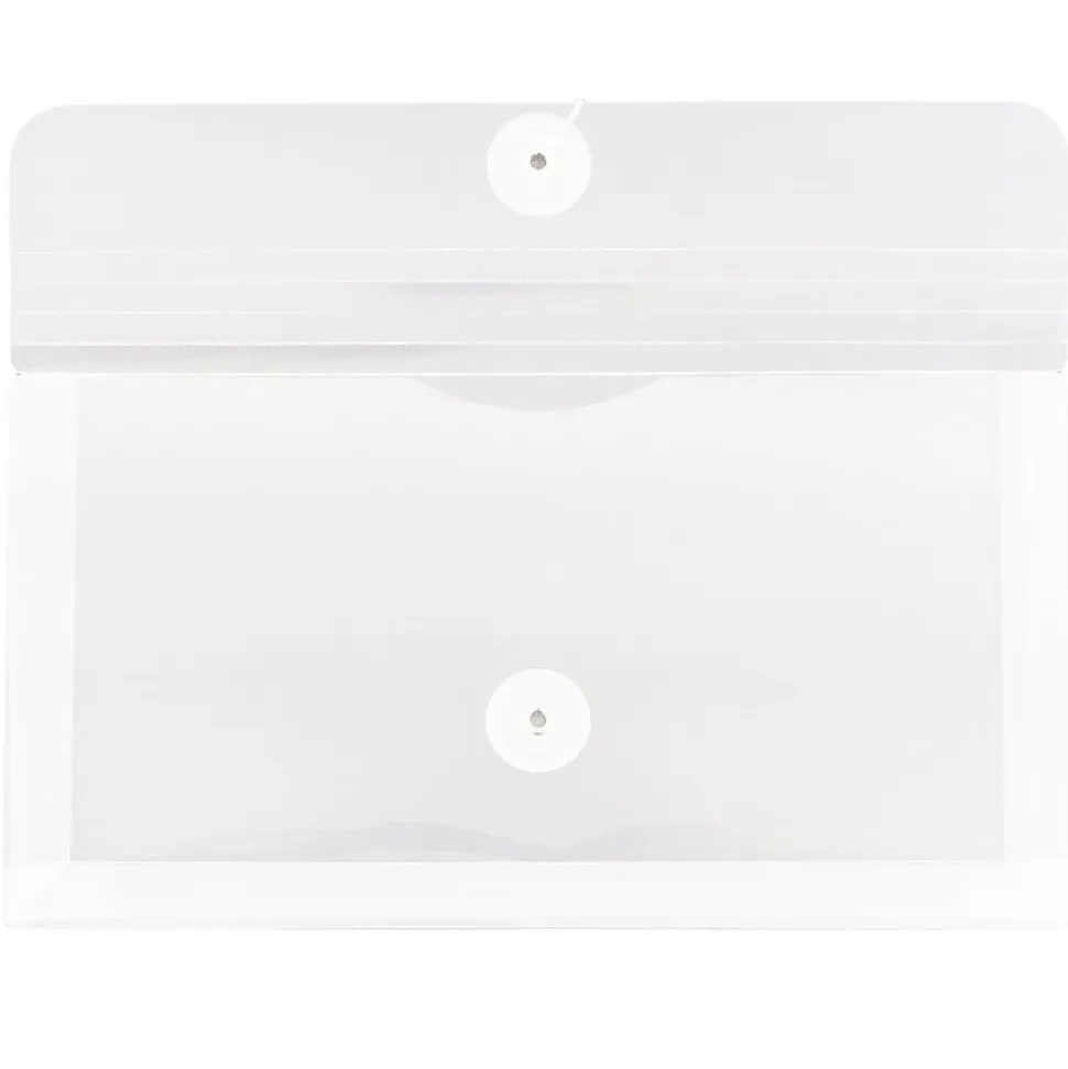 JAM Paper® Booklet Plastic Envelopes, #10, Button & String Closure, Clear, Pack Of 12