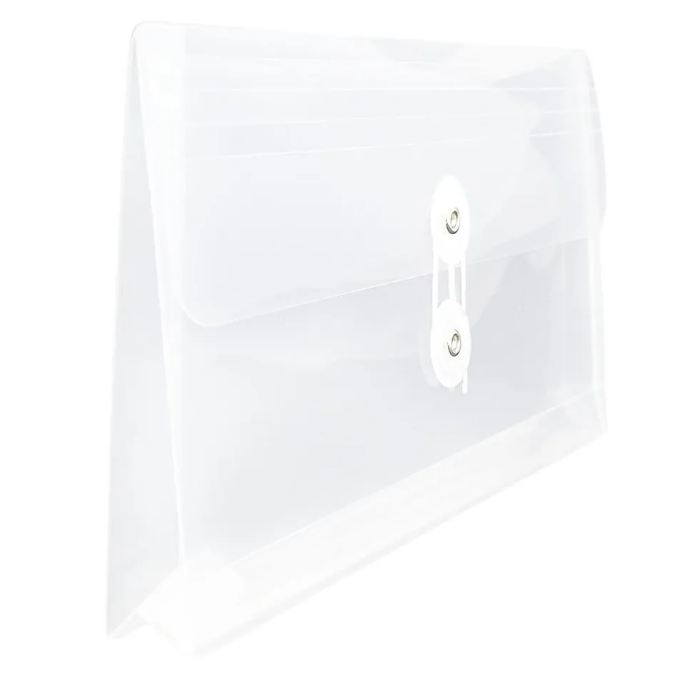 JAM Paper® Booklet Plastic Envelopes, #10, Button & String Closure, Clear, Pack Of 12