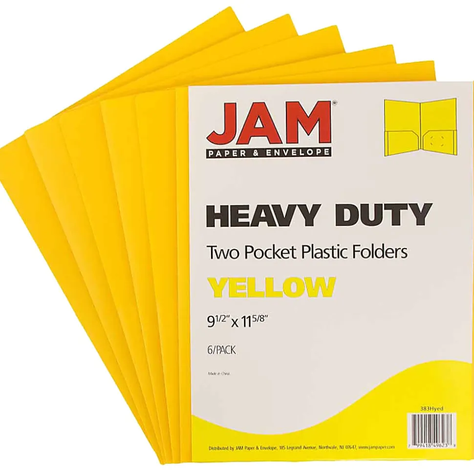 JAM Paper® Heavy-Duty 2-Pocket Plastic Presentation Folders, 9" x 12", Yellow, Pack Of 6