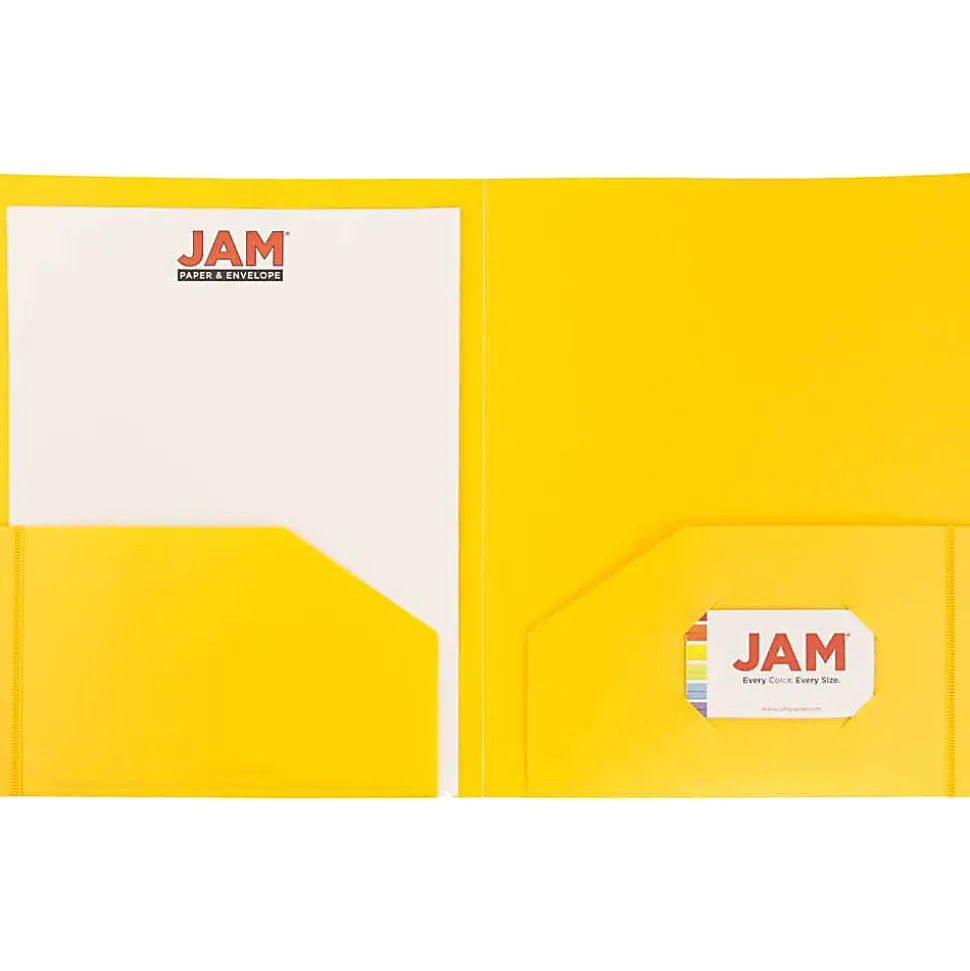JAM Paper® Heavy-Duty 2-Pocket Plastic Presentation Folders, 9" x 12", Yellow, Pack Of 6