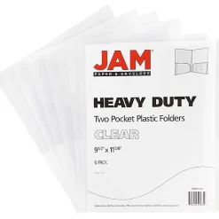 JAM PaperĀ® Heavy-Duty 2-Pocket Plastic Presentation Folders, 9" x 12", Clear, Pack Of 6