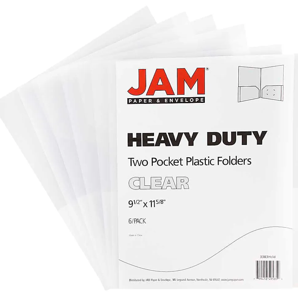 JAM Paper® Heavy-Duty 2-Pocket Plastic Presentation Folders, 9" x 12", Clear, Pack Of 6