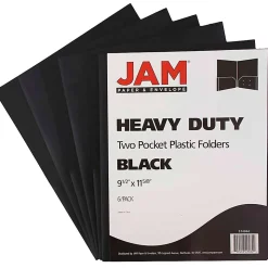 JAM PaperĀ® Heavy-Duty 2-Pocket Plastic Presentation Folders, 9" x 12", Black, Pack Of 6