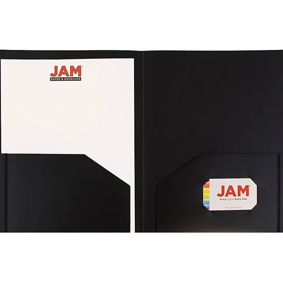 JAM Paper® Heavy-Duty 2-Pocket Plastic Presentation Folders, 9" x 12", Black, Pack Of 6