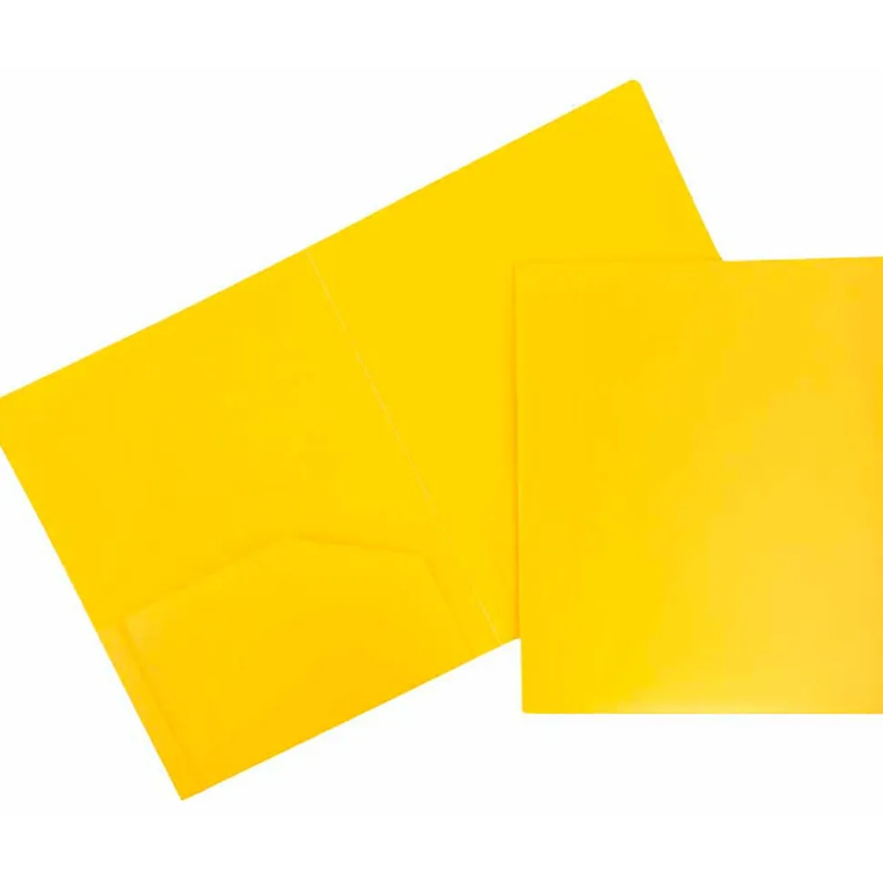 JAM Paper® Heavy-Duty 2-Pocket Plastic Presentation Folders, 9" x 12", Yellow, Pack Of 6 Folders