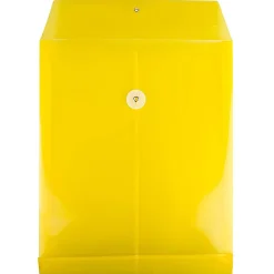 JAM PaperĀ® Open-End Plastic Envelopes, Letter-Size, 9 3/4" x 11 3/4", Button & String Closure, Yellow, Pack Of 12