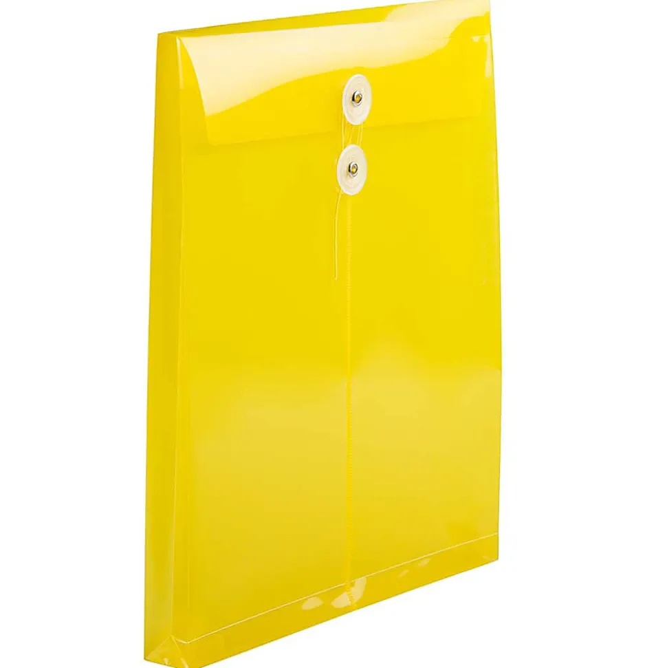 JAM Paper® Open-End Plastic Envelopes, Letter-Size, 9 3/4" x 11 3/4", Button & String Closure, Yellow, Pack Of 12