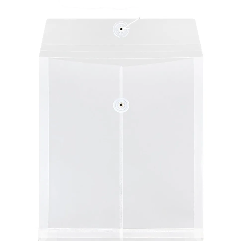 JAM Paper® Open-End Plastic Envelopes, Letter-Size, 9 3/4" x 11 3/4", Button & String Closure, Clear, Pack Of 12