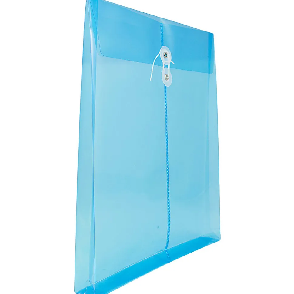 JAM Paper® Open-End Plastic Envelopes, Letter-Size, 9 3/4" x 11 3/4", Button & String Closure, Blue, Pack Of 12