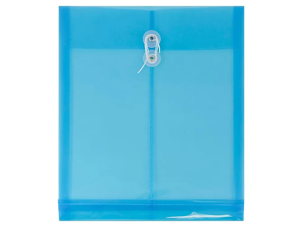JAM Paper® Open-End Plastic Envelopes, Letter-Size, 9 3/4" x 11 3/4", Button & String Closure, Blue, Pack Of 12
