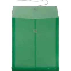 JAM PaperĀ® Open-End Plastic Envelopes, Letter-Size, 9 3/4" x 11 3/4", Button & String Closure, Green, Pack Of 12
