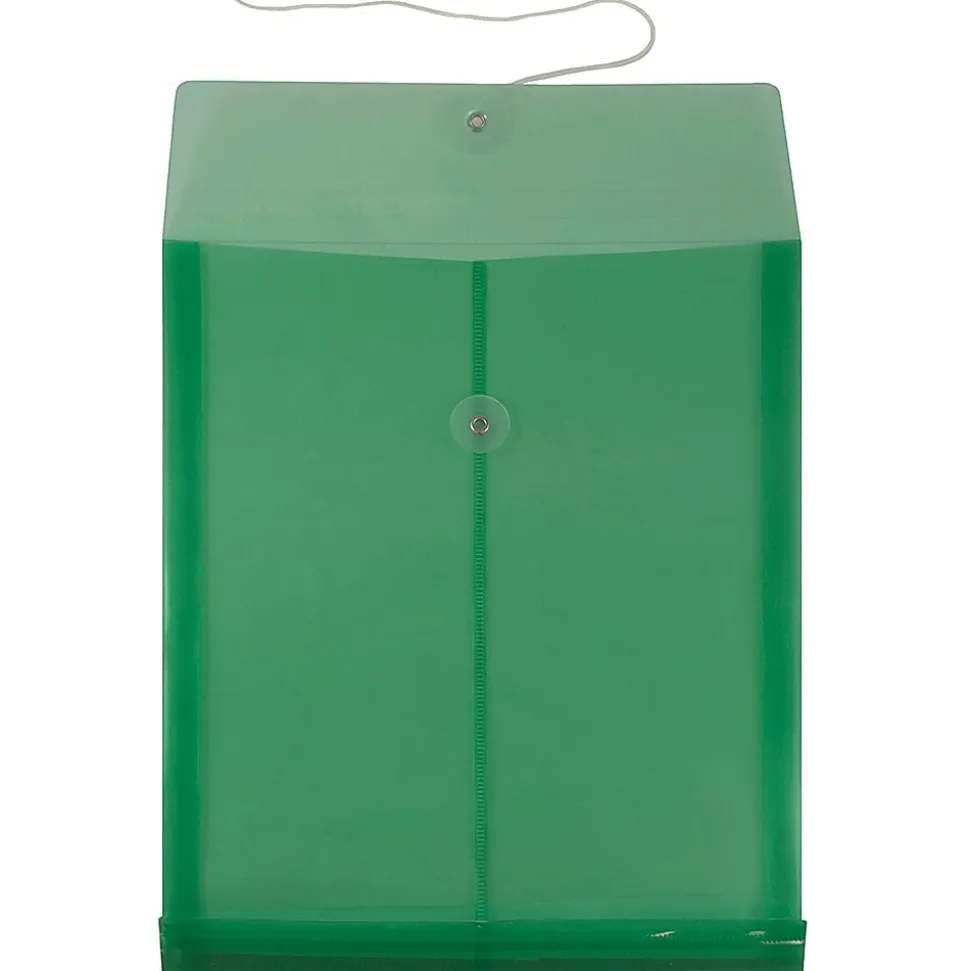 JAM Paper® Open-End Plastic Envelopes, Letter-Size, 9 3/4" x 11 3/4", Button & String Closure, Green, Pack Of 12