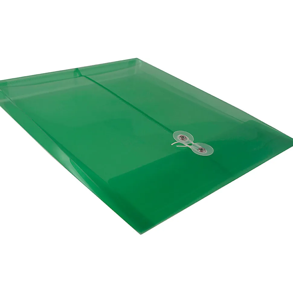 JAM Paper® Open-End Plastic Envelopes, Letter-Size, 9 3/4" x 11 3/4", Button & String Closure, Green, Pack Of 12