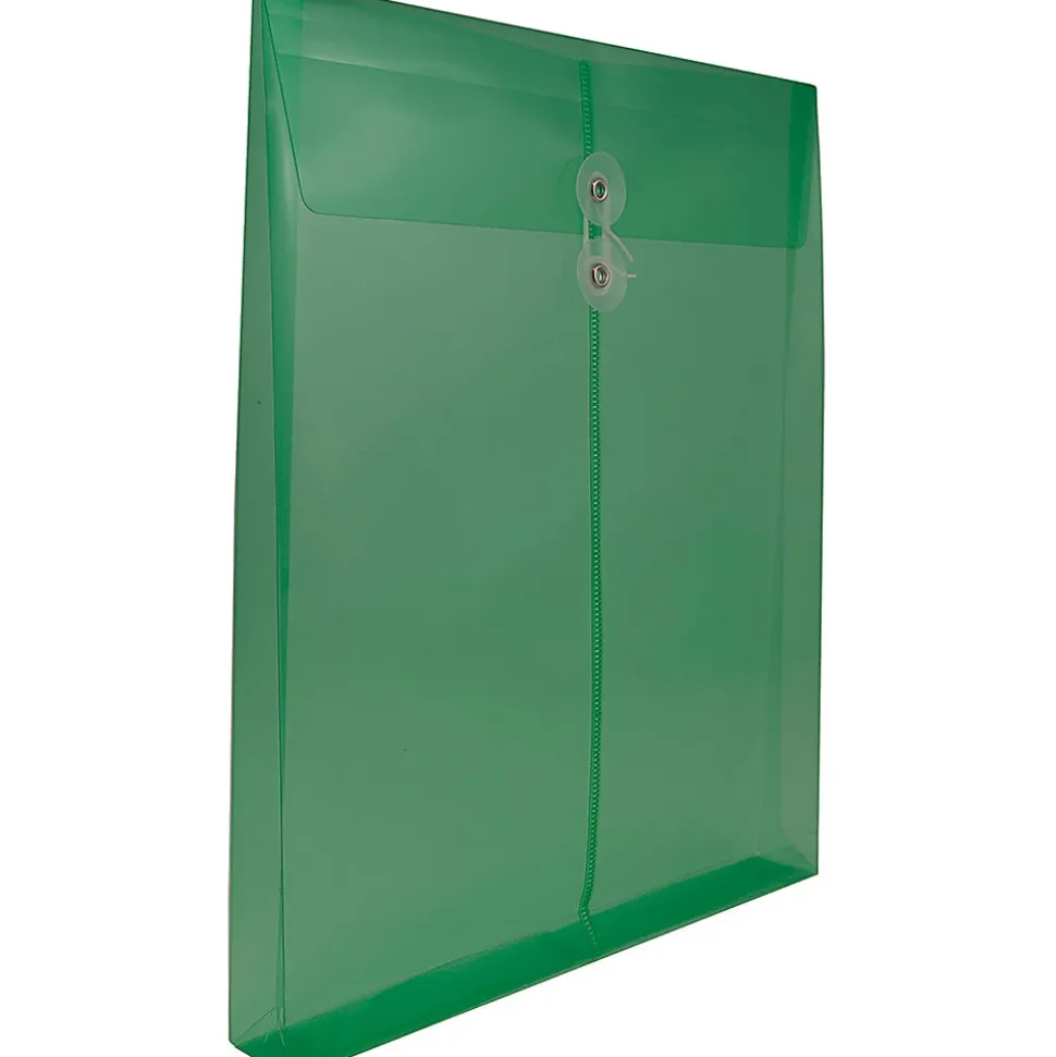 JAM Paper® Open-End Plastic Envelopes, Letter-Size, 9 3/4" x 11 3/4", Button & String Closure, Green, Pack Of 12